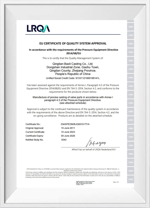 EU Certificate Of Quality System Approval